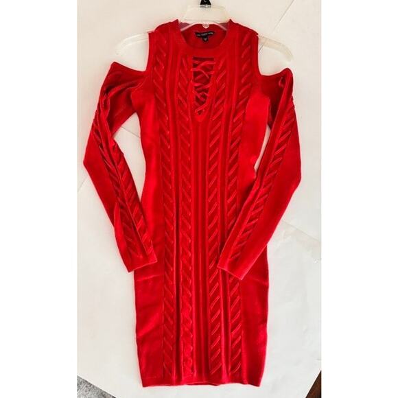 Guess Red Cold Shoulder Sweater Dress | Lace-Up Front Bodycon Knit | Size M - Picture 14 of 15